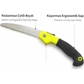 Resim Katlanabilir Bahçe Budama Testeresi, Fosforlu Sarı Ergonomik Sap, Paslanmaz Çelik Bıçak, Ağaç Dalı ve Kamp Için El Testeresi 