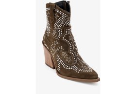 Resim Dericlub Kadın Taşlı Kalın Taban Western Bot Gerçek Süet Deri Zy 1610 Haki 