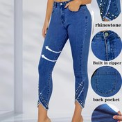 Resim Şık Kadınlar için Esnek Skinny Kot Pantolon, Taş Detaylı ve Ham Kenarlı - Orta Bel, Dar Kesim Açık Mavi kot 