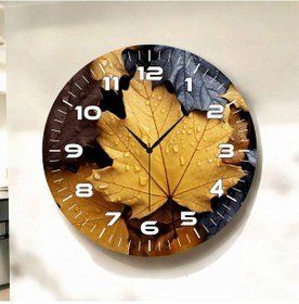 Resim Sarı Siyah Renkli Baskı Yaprak Desenli Sayılı Hediyelik Ahşap Sessiz Duvar Saati 50cm ÇOk Renkli 