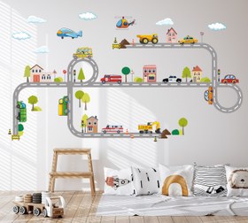 Resim Kasaba Temalı Yol ve Araçlar Çocuk Odası Duvar Stickerı Duvar Dekoru - 114x33 cm / Karışık Renkli / İş Makineleri Temalı 