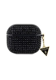 Resim Apple Uyumlu AirPods 3. Nesil Kılıf Guess Lisanslı Parıltılı Taş Kaplamalı Üçgen Logo Süs Zincirli Siyah 