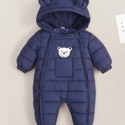 Resim Rahat Kışlık Ayı Yüzü Tulumu - Kalın Çift Fermuarlı Sıcak Kapüşonlu Giysi, Mavi, Sevimli Ayı Desen Tasarımı, Üniseks, Yumuşak Polyester Kumaş, Soğuk Hava ve Dış Mekan Kullanımına Uygun 