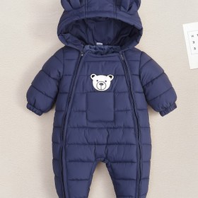 Resim Rahat Kışlık Ayı Yüzü Tulumu - Kalın Çift Fermuarlı Sıcak Kapüşonlu Giysi, Mavi, Sevimli Ayı Desen Tasarımı, Üniseks, Yumuşak Polyester Kumaş, Soğuk Hava ve Dış Mekan Kullanımına Uygun 