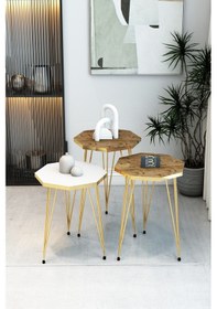 Resim 3'lü Sekizgen Zigon Sehpa Seti - Gold Metal Ayaklı, Modern & Şık Yan Sehpa, Dayanıklı Salon Ofis Beyaz Atlantik Çam 
