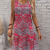 Resim Kadınlar için Kolsuz Paisley Desenli A Kesim Midi Elbise - Nefes Alabilen 3D Çiçek Deseni, Yuvarlak Yaka Kırmızı/Beyaz/Gri Renk Bloklama ile Yazlık Günlük Elbise, Makinede Yıkanabilir ve Kolay Bakım Kumaş 
