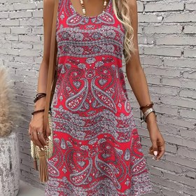 Resim Kadınlar için Kolsuz Paisley Desenli A Kesim Midi Elbise - Nefes Alabilen 3D Çiçek Deseni, Yuvarlak Yaka Kırmızı/Beyaz/Gri Renk Bloklama ile Yazlık Günlük Elbise, Makinede Yıkanabilir ve Kolay Bakım Kumaş 