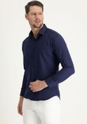 Resim Koyu Lacivert Uzun Kol Slim Fit Dar Kesim Klasik Desenli Pamuklu Kolay Ütülenebilir Gömlek Kigili