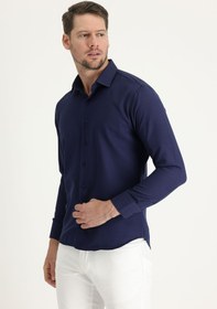 Resim Koyu Lacivert Uzun Kol Slim Fit Dar Kesim Klasik Desenli Pamuklu Kolay Ütülenebilir Gömlek 