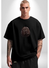 Resim Kuru Kahve Çekirdeği Beyin Pamuklu Bisiklet Yaka Unisex Oversize Boyfriend Dijital Baskılı Siyah T-shirt Siyah 