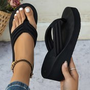 Resim Kadın Moda Platform Terlikleri, Düz Renk Kumaş Üst ve İç, EVA Taban ve Taban, Kaydırmaz Burun Post Sandaletleri, Rahat Hafif Plaj Kaydırakları 