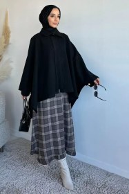 Resim Ön Fermuarlı Tesettür Panço (s-m-l-xl Uyumludur) Siyah TZL-P-00020197 
