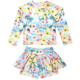 Resim Lolliboomkids Kız Çocuk Pastel Renk Çiçek Desenli Uzun Kollu Tayt Etekli 2 Parça Mayo / Bikini Takımı Çiçek Çok Renkli 