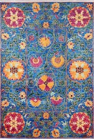 Resim 140x200 cm Sarapul Mavi Çiçekli Yün El Dokuma Modern Geometrik Etnik Eskitme Desenli Boho Oturma Odası Salon Yolluk Koridor Mutfak Halısı 