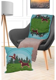 Resim Avcı Av Köpeği Baskılı Battaniyeli Opsiyonel Yastık Kırlent 