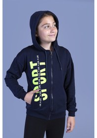 Resim Toontoy Kız Çocuk Kapüşonlu İki Yanı Cep Detaylı Baskılı Hırka Lacivert 