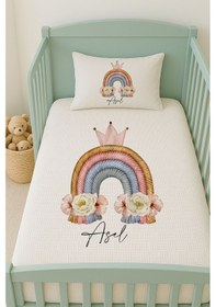 Resim %100 Pamuk İsme Özel İsimli 100x150 Cm Pike Seti Örgülü Gökkuşağı 