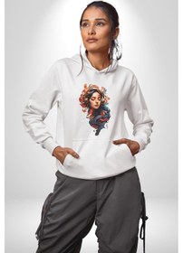 Resim Müzik Dinleyen Kulaklık Yaprak Saçlı Renkli Kadın Erkek Beyaz Kapüşonlu Sweatshirt Hoodie Beyaz 