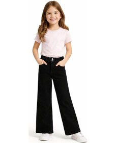 Resim İrem Kız Çocuk Geniş Paça Model Çift Düğme Detaylı Fermuar Kapamalı Eskitme Desenli Siyah Renk Kot Pantolon 