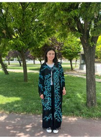 Resim Turkuaz Dallı Desenli Siyah Bağlamalı Salaş Kimono Kaftan - Standart Beden Turkuaz 