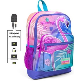 Resim Coral High Pembe-mavi Flamingo Baskılı İlkokul ve Günlük Sırt Çantası USB ve AUX Soketli 