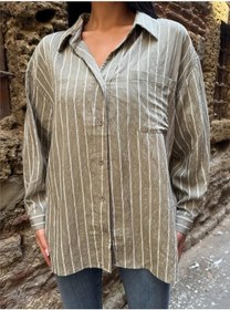 Resim WeShaya Haki Çizgili Oversize Keten Gömlek Haki 