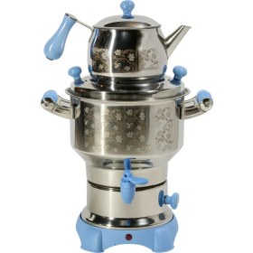 Resim Açık Mavi Çay Semaveri ve Makinesi, Renkli Lazer Desenli, 3,5 Litre Su Hazneli 