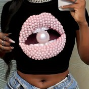 Resim 1 Adet Y2K Dudak & İnci Desenli Crop Top - Siyah Geometrik Desen Esnek Dar Kesim Tişört, Yuvarlak Yaka Kısa Kollu Yazlık Günlük Üst, Makinede Yıkanabilir, Sokak Stili, Cesur Tasarım, Nefes Alabilen Kumaş, Şık Bluz, Trend Takipçileri İçin 