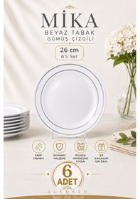 Resim Mika Beyaz Tabak Gümüş Çizgili 26cm 6'lı 