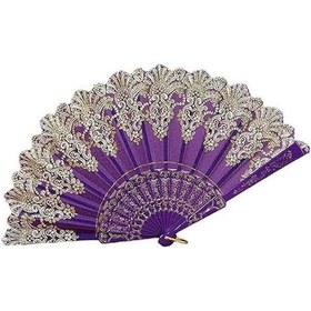 Resim Yelpaze Şık Doğal Serinletici Desenli Simli Yelpaze Mor 