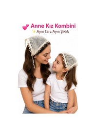 Resim Anne Kız Kombin Bandana El Örgüsü Saç Bandı Bohem Stil Ayarlanabilir 2li Set Bej 