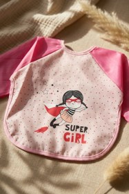 Resim BUUDE Super Girl Desenli Sıvı Geçirmez Uzun Kollu Bebek Mama Ve Aktivite Önlüğü - Pembe Puantiyeli Blw Uyu 