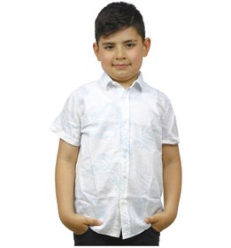 Resim Asg Tekstil Beyaz Renk Mavi Yaprak Tasarımlı Kısa Kol Erkek Çocuk Gömlek-97 