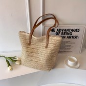 Resim Büyük Kapasiteli Hasır Çanta - Moda, Çok Yönlü Plaj ve Seyahat Çantası, Kahverengi Tutacaklar, Fermuar Kapatma, Polyester Astar, Baskısız, Kenar Boyası, Öğrenciler ve Günlük Kullanım İçin İdeal, Plaj Çantası | Çok Yönlü Çanta | Fermuar Kapatma, Plaj Çantası 