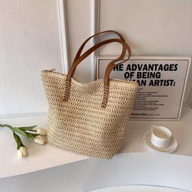 Resim Büyük Kapasiteli Hasır Çanta - Moda, Çok Yönlü Plaj ve Seyahat Çantası, Kahverengi Tutacaklar, Fermuar Kapatma, Polyester Astar, Baskısız, Kenar Boyası, Öğrenciler ve Günlük Kullanım İçin İdeal, Plaj Çantası | Çok Yönlü Çanta | Fermuar Kapatma, Plaj Çantası 