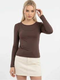 Resim Park Karon 26031 Kadın Geniş Yaka Slim Fit Tasrım Modal Penye Bluz Kahve 