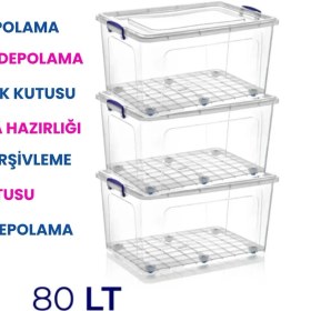 Resim 80 Lt Tekerlekli Şeffaf Saklama Kutusu Kilit Kapaklı Gıda Temasına Uygun Kıyafet ve Oyuncak Depolama 