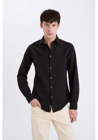 Resim DeFacto Slim Fit Dar Kesim Pamuklu Basic Düz Uzun Kollu Gömlek A4644AX24AUBK27 