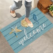 Resim 1 adet Sahil Plajı Hoş Geldiniz Paspası - Dayanıklı Polyester, Makinede Yıkanabilir, Deniz Temalı Tasarımlı Dikdörtgen Şekil (Denizatı, Denizyıldızı, Kabuk) İç/Dış Mekan Giriş Dekoru için 