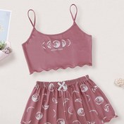 Resim Günlük Ay ve Harf Desenli Marul Trim Pijama Takımı, Bisiklet Yaka Kırpma Cami Üst ve Elastik Şort, Kadın Pijama ve Ev Giyimi 