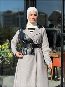 Resim Esre Store 44114 - Deri Detaylı Tesettür Kaban Gri-A3 