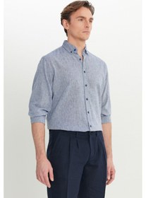 Resim AC&Co / Altınyıldız Classics Erkek Lacı Pamuklu Keten Comfort Fit Rahat Kesim Düğmeli Yaka Armürlü Gömlek Lacı 