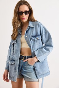 Resim Olalook Kadın Açık Mavi Kuşaklı 4 Cepli Denim Ceket CKT-19000503 