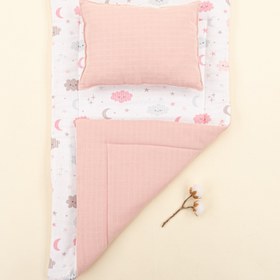 Resim Alt Açma Matı ve Yastık - Çift Taraflı - Pudra Muslin - Pembe Bulut 