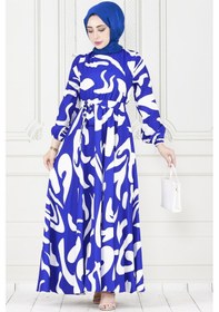 Resim Sevitli Geometrik Desenli Elbise-saks Mavi-3894-saks Mavi Saks Mavisi 
