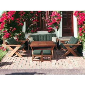 Resim Berlin Masif Ahşap Koltuk Kestane Ağacı3+1+1+masa+puf Takımı H Kt Yeşil 
