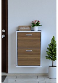 Resim Eliusta Holen Ceviz Renk Ayakkabılık 2 Düşer Kapak 52 Cm Genişlik Kapı Önü Asma Ayakkabılık 52x74x26 Cm Ceviz 