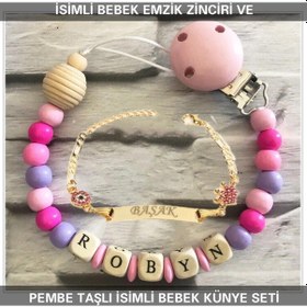 Resim Sahi Aksesuar İsimli Bebek Emzik Zinciri ve İsimli Bebek Künye Seti BEZYI302 Pembe 