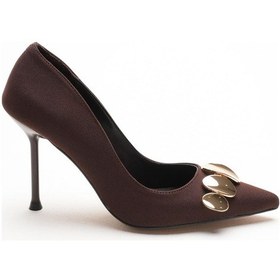 Resim Aveline Kadın Kahve Nubuk Gold Aksesuarlı Sivri Burunlu Yüksek İnce Topuklu Stiletto Ayakkabı 9.5 Cm Kahverengi 
