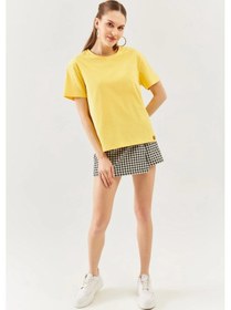 Resim Kadın Oversize Rahat %100 Pamuklu Penye Bisiklet Yaka Kısa Kol Basic T-shirt Sari 
